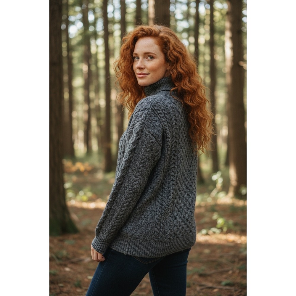Aran Sweater Market Turtleneck Women XS Grey Excellent Merino Wool Cable Knit